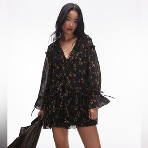 Topshop Black Floral Boho Mini Dress Ruffle Long Sleeve Size 10